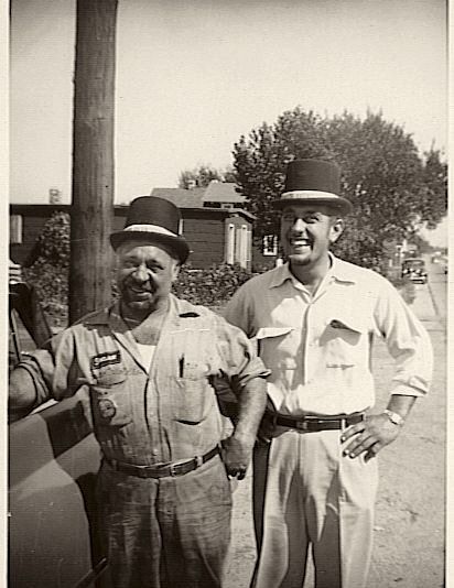 Black-and-white photo of Peter Eates and his son Frank P. Eates Sr. standing outside